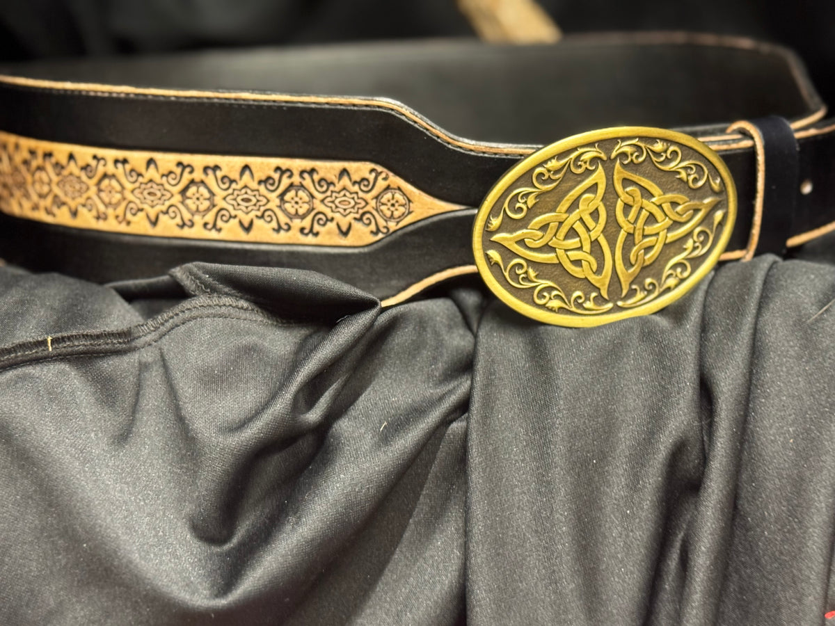 3 inch tooled belt black 39-46 inch