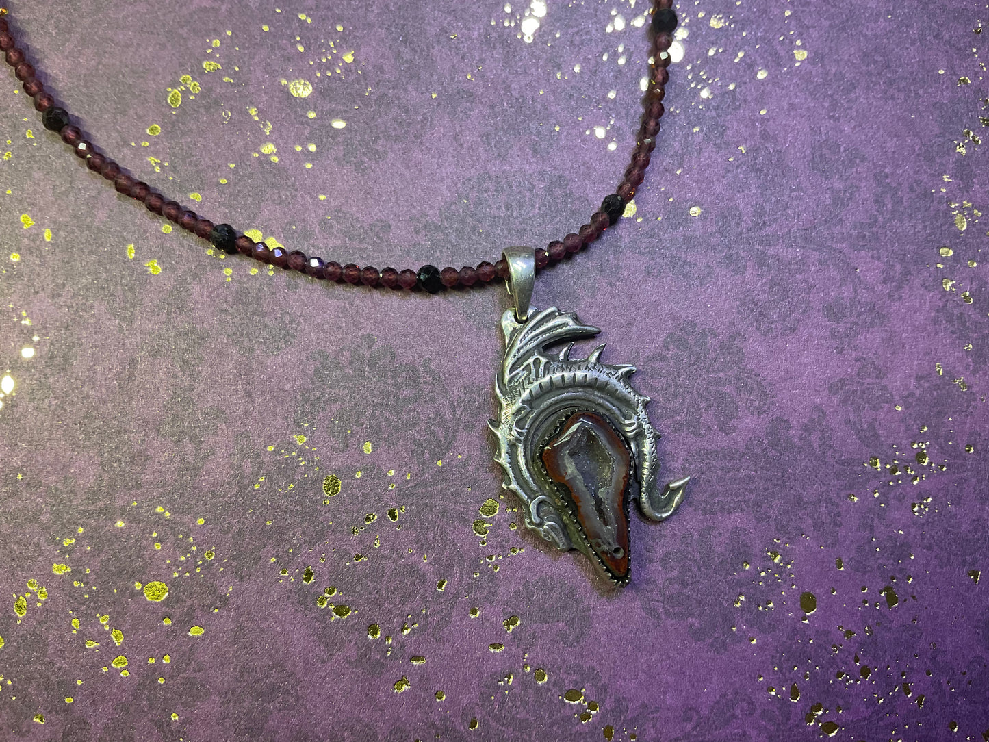 Dragon Holding Agate with Garnet Chain Sterling Silver