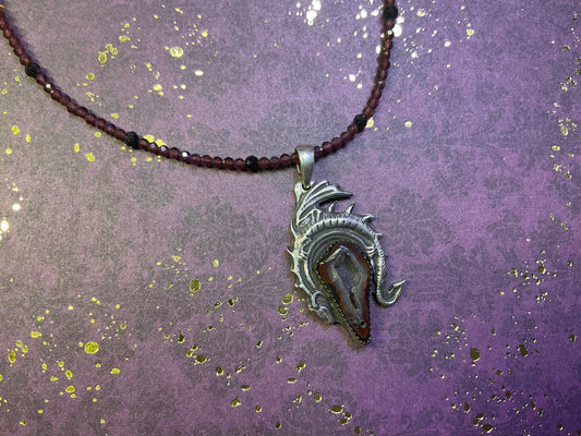 Dragon Holding Agate with Garnet Chain Sterling Silver