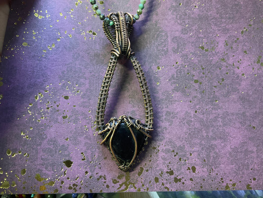 Obsidian Heart Copper Wrap Necklace on Chrysocolla Chain