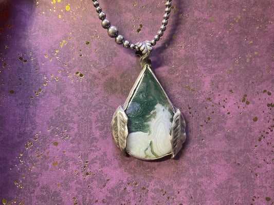 Moss Agate Sterling Silver Necklace on Navajo Pearl Necklace